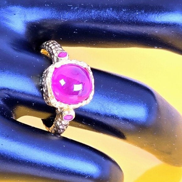 925 Sterling Silver 14K Gold Plated Avant-Garde Ring with Natural Ruby Gemstone - Picture 3 of 14